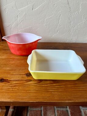 Vintage Pyrex Yellow Casserole Dish & Red Mixing Bowl Set